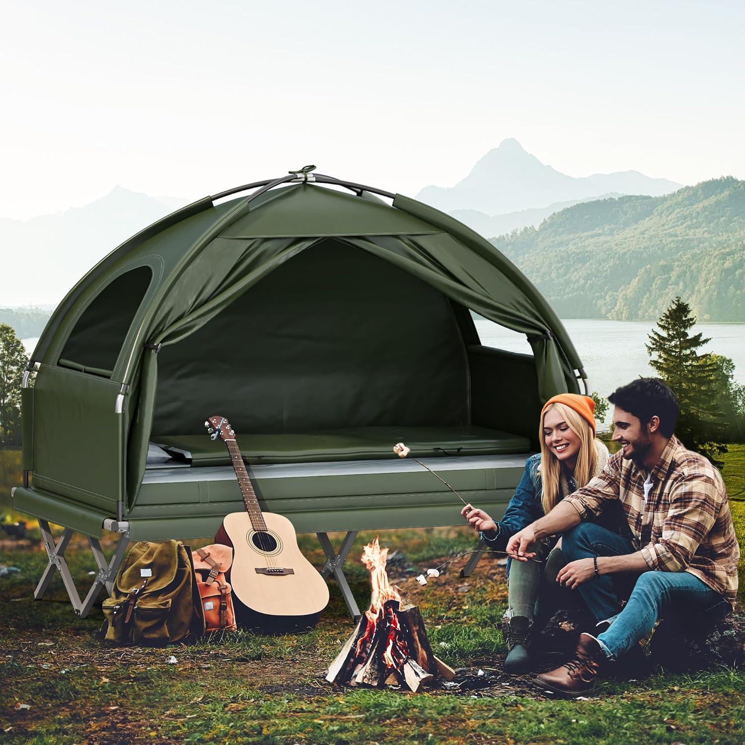 YITAHOME 2 Person Foldable Camping Cot, 6-in-1 Elevated Camping Bed Tent, with Tents, Camping Beds, Air Mattresses, Bedspreads, Foot Pumps, Portable Backpacks, 1 Person Sleeping Bag for Hiking, Picnic