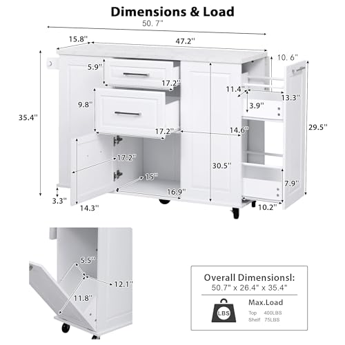 60" Kitchen Island with Drop Leaf and Power Outlet, Rolling Kitchen Cart on Wheels with Trash Can Storage Cabinet, Spice Rack, Towel Rack and Adjustable Shelf for Dining Room