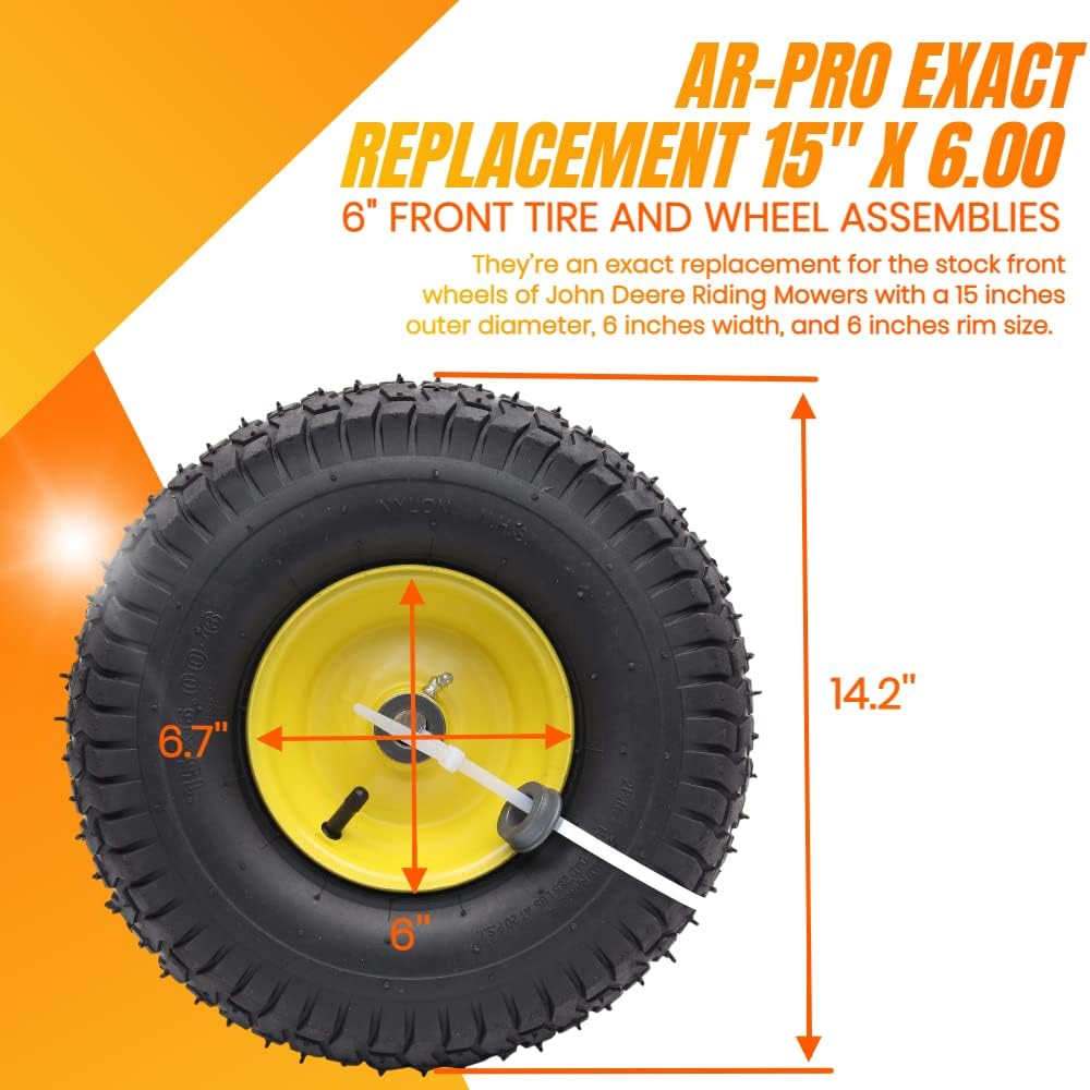 (2 Pack) AR-PRO Exact Replacement 15" x 6.00-6" Front Tire and Wheel Assemblies for John Deere Riding Mowers - Compatible with John Deere 100 and D100 Series - 3” Hub Offset and 3/4” Bushings Pack of 2