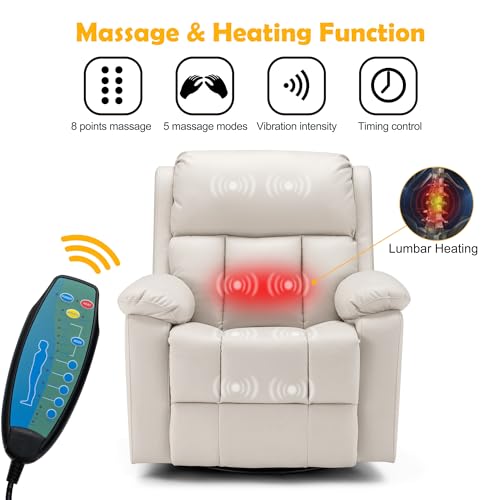 GYUTEI Massage Recliner Chair with Heated, 360 Degree Swivel Rocking Recliner Chair for Adults, Microfiber Cloth Lazy Boy Recliner with Side Storage Bag for Living Room, Bedroom, Nursery (Beige)