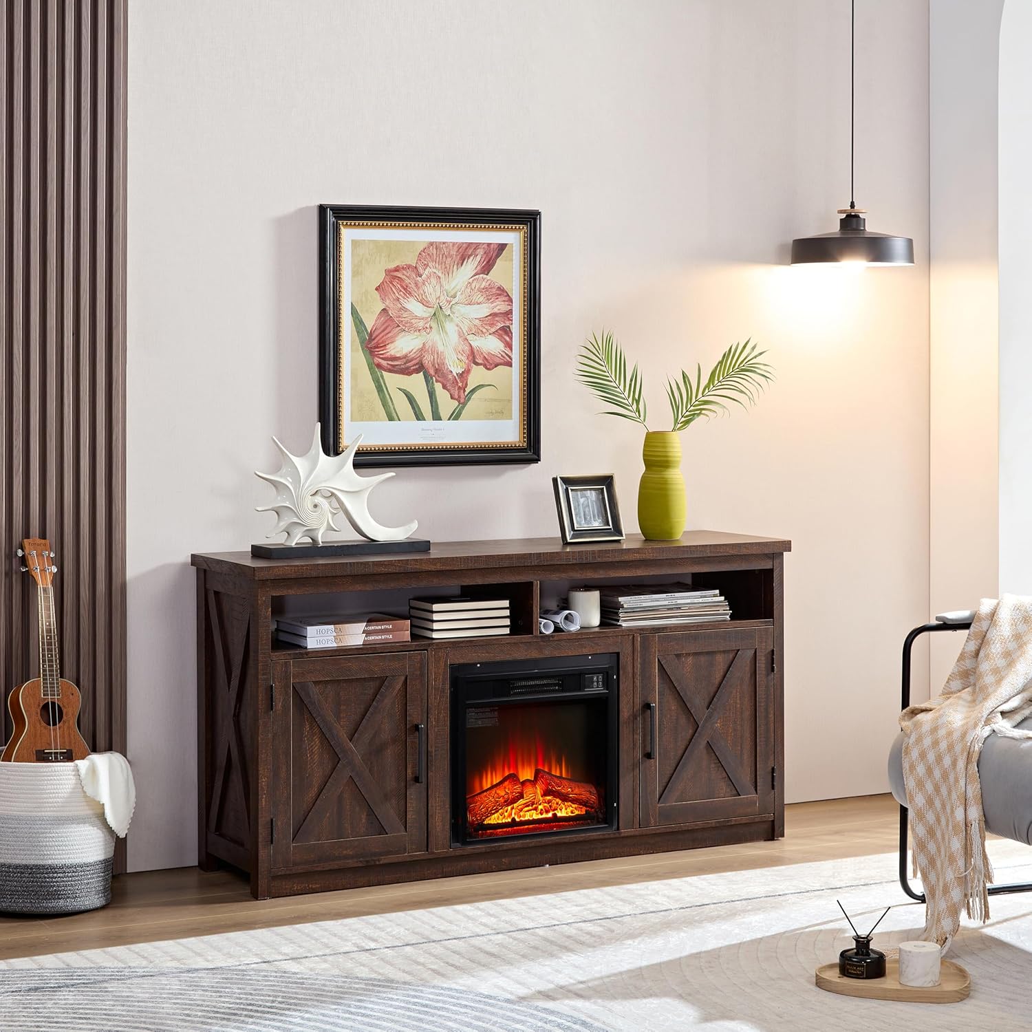 CHARMMA Farmhouse TV Media Stand, Large Barn Inspired Home Entertainment Console, with 18" Fireplace Insert, for TV Up to 65", with Open Shelves and Closed Cabinets, Espresso 57.87 * 15.75 * 30.31
