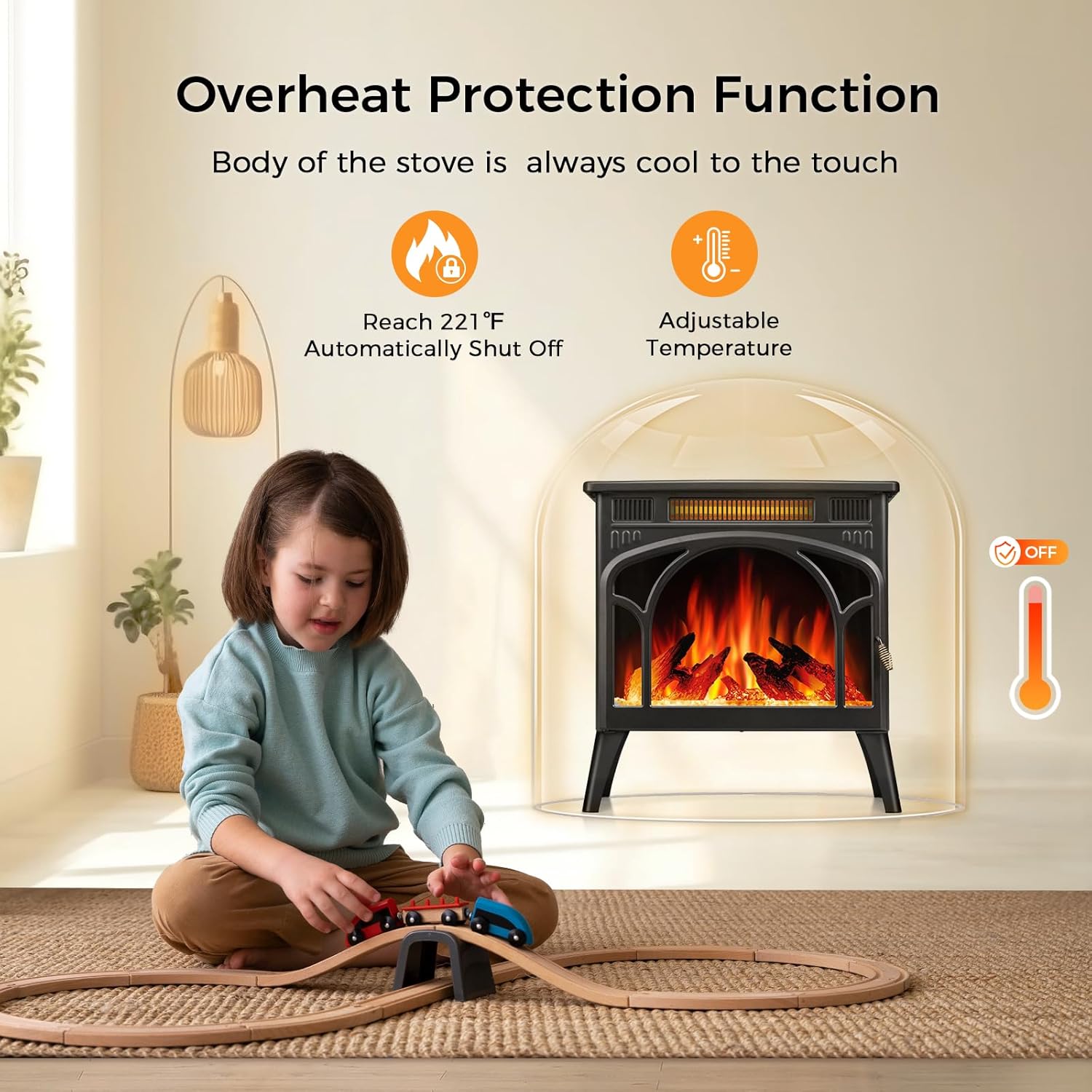 Joy Pebble Upgraded Electric Fireplace Heater, Free-Standing 3D Infrared Fireplace Stove with Remote Control &Timer, Adjustable Flame Colors and Speed, Overheating Protection, 5100 BTU,1500W