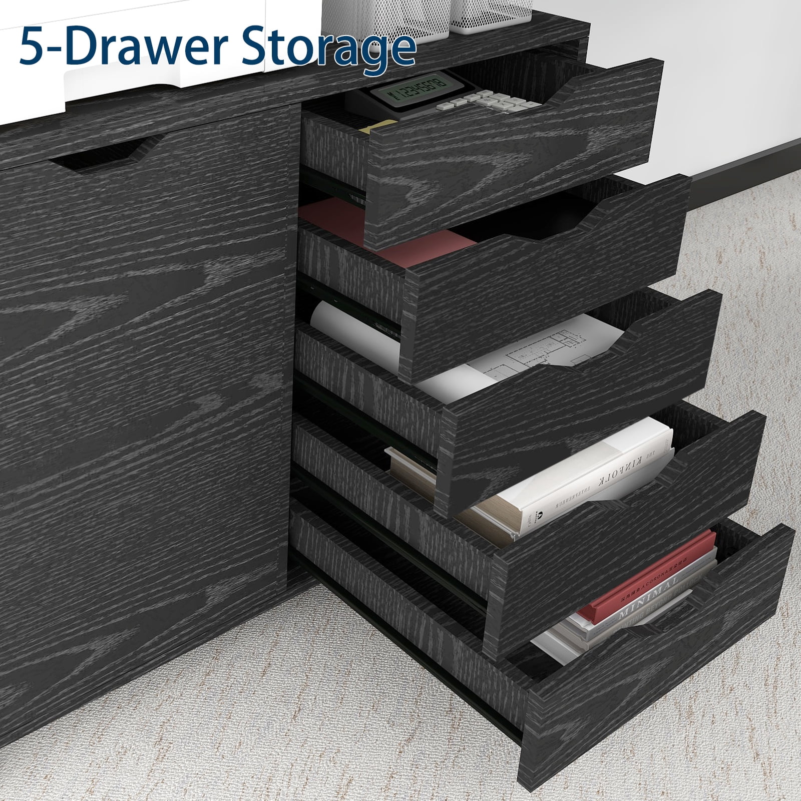 Natwind 5-Drawer Wood File Cabinet, Mobile Lateral Filing Cabinet, Rolling Printer Stand with Charging Station and Open Storage Shelves for Home Office (Black)