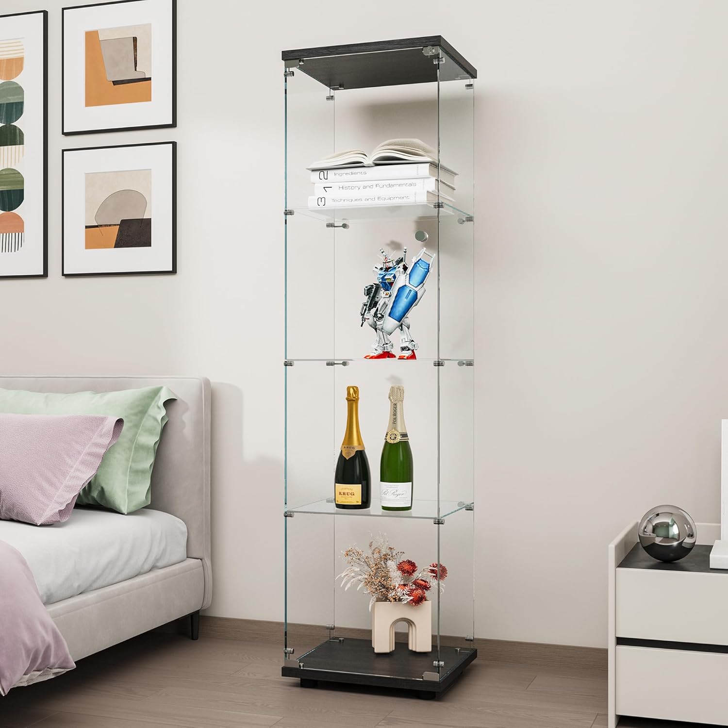 FANYUSHOW Glass Display Cabinet 4 Shelves with Door and Lock, Curio Cabinet for Living Room, 5mm Tempered Glass Display Shelf, Black Glass Display Case 64.7" H x 16.7" L x 14" W
