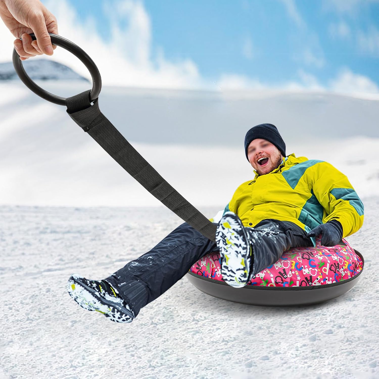 31.5'' Heavy Duty Snow Tube, Oxford Cloth Inflatable Snow Sled for Kids and Adult with Tow Strap, Thickened Hard Bottom Snow Tubes for Winter Outdoor Fun Sledding, 396 Lbs Capacity