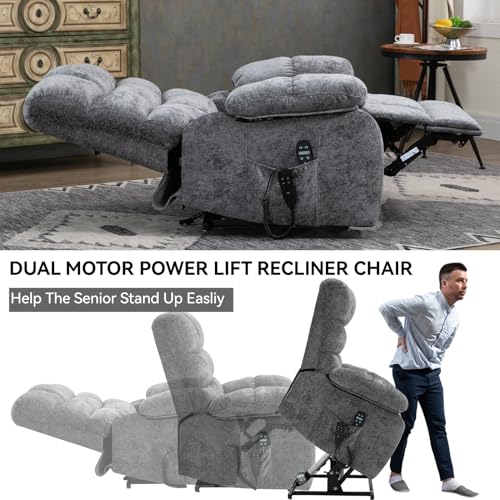 Oversized Lift Recliner Chair - Lay Flat Massage Recliner Chair with Heat & Massage Function, Dual Motor Infinite Position Up to 350 LBS Heavy Duty Electric Power Lift Recliners with Remote (Grey)