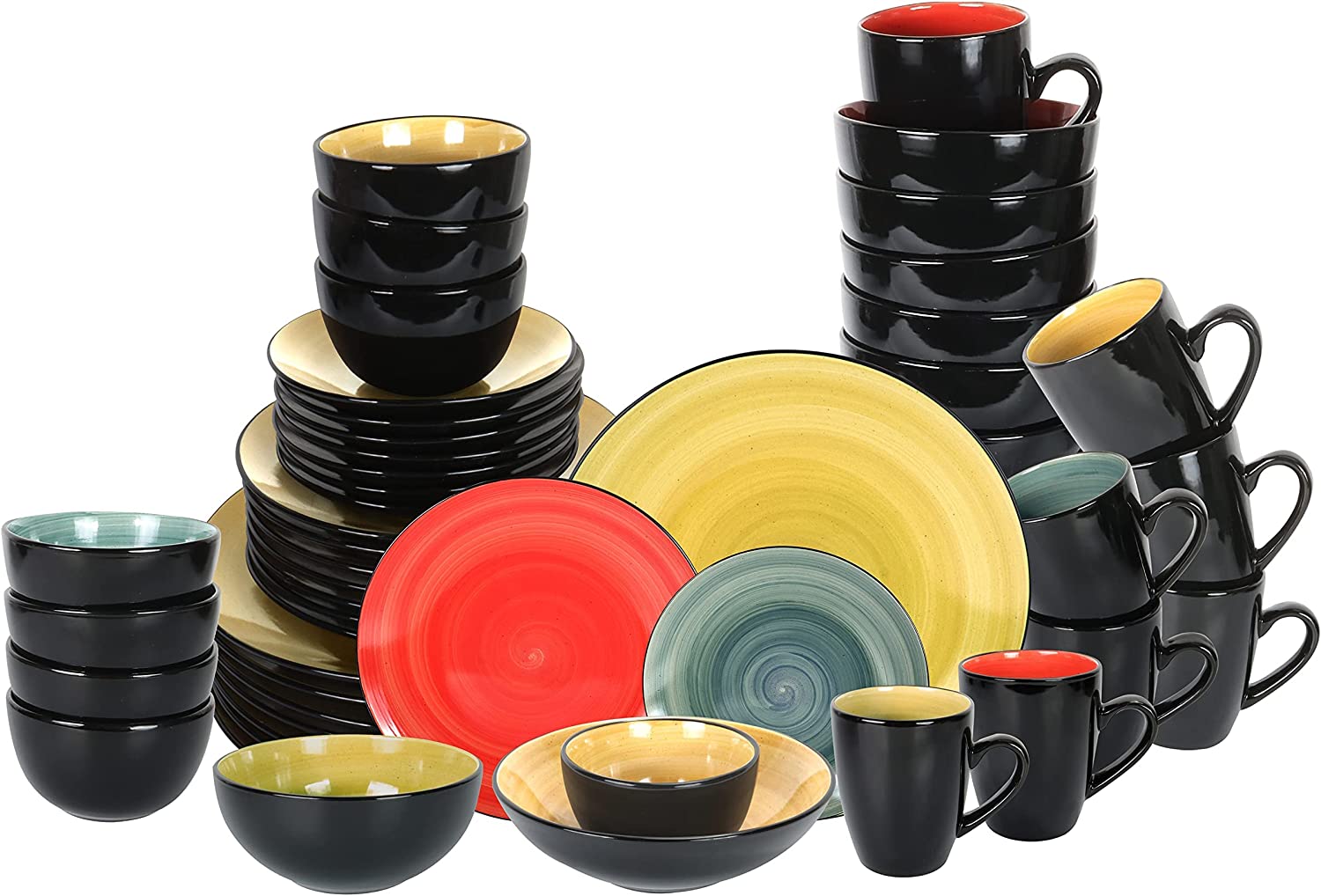 Stoneware Sonoma Dinnerware Set Black + Speckled Spin Wash (56Pc Set Mix Blue Green Red Yellow)