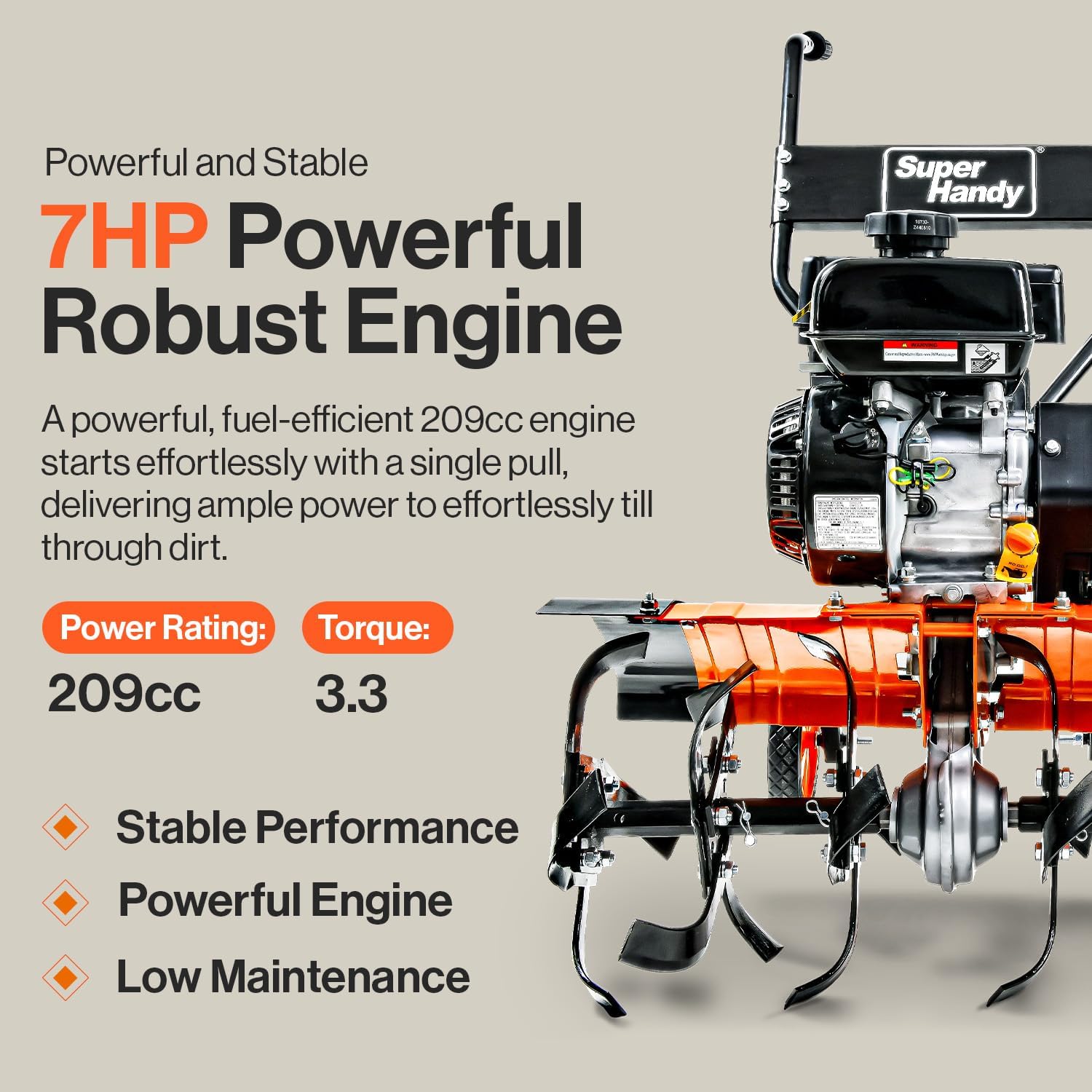 SuperHandy RotoTiller Cultivator 27” Inch Tilling Width 7HP 209cc 4 Stroke Gas Motor 6 Premium Steel Adjustable Forward Rotating Tines for Garden & Lawn, Digging, Weed Removal