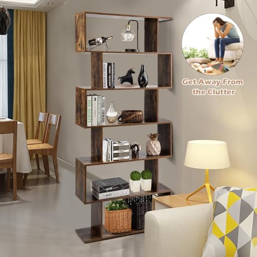 Tangkula 6-Tier Geometric Bookcase, Modern S-Shaped Storage Display Bookshelf for Living Room, Anti-Toppling Device, Home Office Wooden 6 Shelf Open Bookcase (2, Black)
