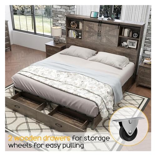 King Size Wood Platform Bed Frame with 51.2"" Bookcase Headboard, Storage Bed with Sliding Barn Door Charging Station 2 Drawers,Modern Style, xx-921