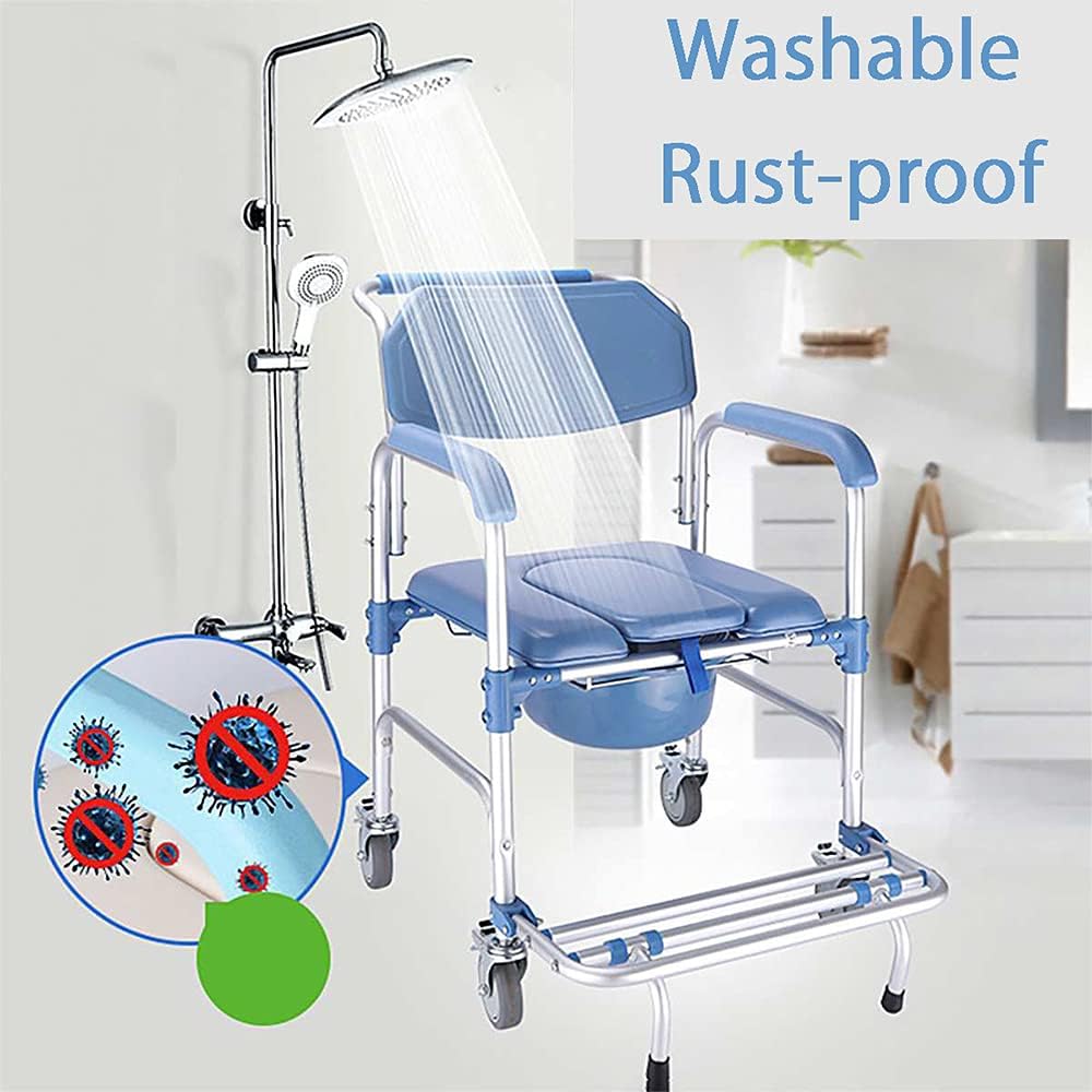 Shower Chair with Wheels 3 in 1 Commode Chair for Toilet with Arms Waterproof Rolling Transport Chair Bedside Commode for Seniors and Disabled, Weight Capacity 350lbs