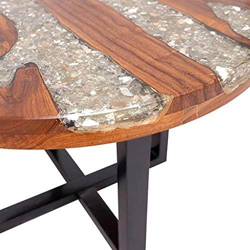 Coffee Table Teak Resin 23.6",Round Coffee Table with Resin Decoration, Rustic Teak & Mango Wood Table for Living Room or Bedroom