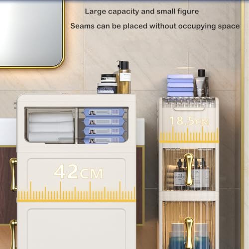 2 -Tiers Bathroom Floor Storage Cabinet Narrow Slim Tall Movable Towel Organizer Side Freestanding Rolling Unit with Clear Drawers for Small Space Laundry Living Room Gap