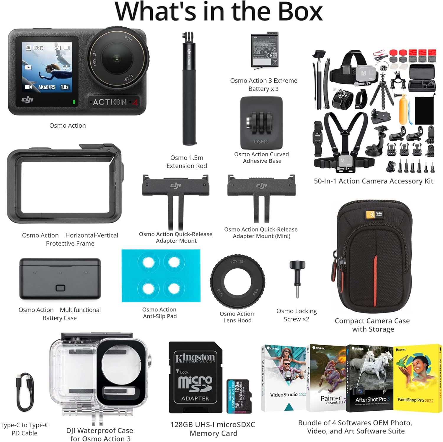 DJI Osmo Action 4 Camera Adventure Combo Waterproof Bundle with 50 Piece Accessory Kit, Memory Card and Software - 1/1.3 Sensor, Low-Light Imaging, Deep-Freeze Resistant & Long-Lasting Battery Life
