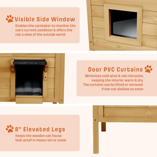 BRIOPAWS Outdoor-Cat-House-Insulated | Feral-Cat-Shelter for Winter | Weatherproof | Large Wooden Pet House for Multiple Cats | Foldable Ladder | Acrylic Side Window | Grey