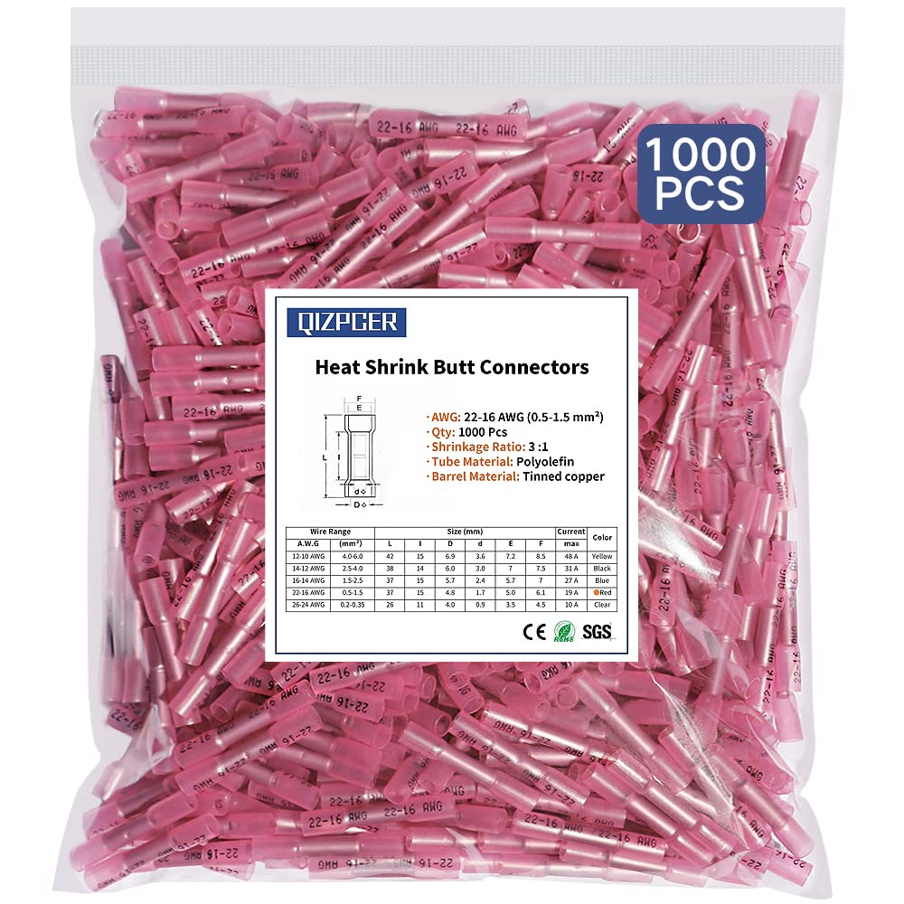 1000 Pcs Blue Heat Shrink Butt Connectors, 16-14 AWG Waterproof Electrical Crimp Wire Splice for Marine, Cable, Wiring