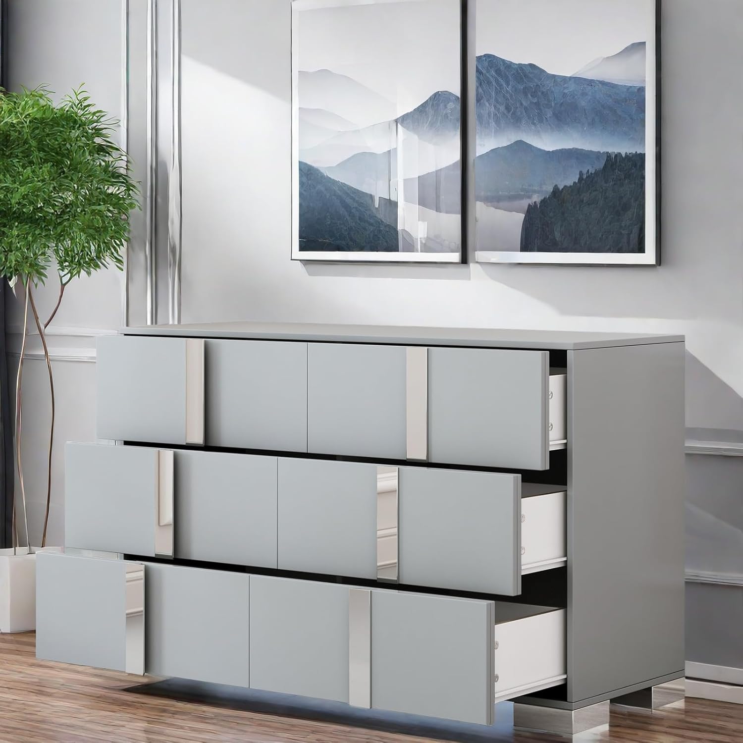 Simple and Elegant Modern, Mirrored Design Metal Handle and 6 Drawers Dresser, Grey