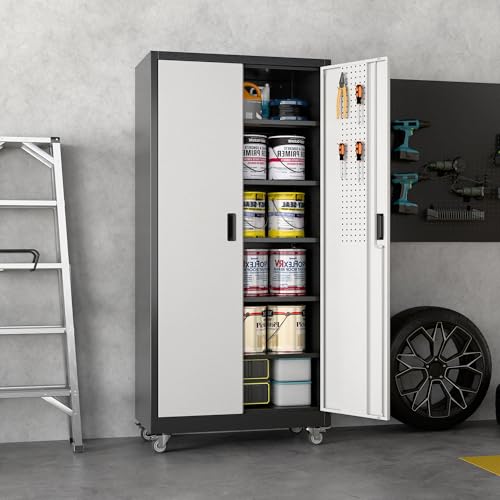 Aobabo Garage Storage Cabinet with Wheels,72" H Metal Storage Cabinet with 2 Doors and 4 Adjustable Shelves for Garage Home, Black,Required-Assembly