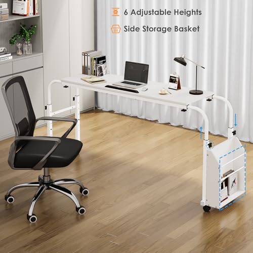 Arlopu Overbed Table with Wheels,60.6-84.2 inches Mobile Bed Desk,Rolling Computer Desk, Laptop Cart,W/0-65°Tilt Stand,4 Heights and 6 Lengths,Side Storage Basket,for Home,Office and Hospital (Brown)