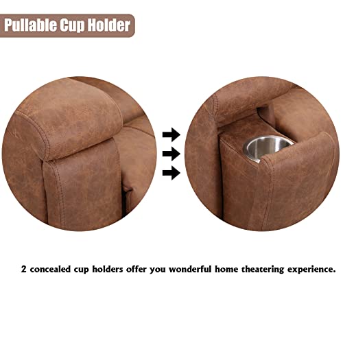 CANMOV Leather Recliner Chair, Classic and Traditional Manual Recliner Chair with Overstuffed Arms and Back, Manual Single Sofa with Concealed Cup Holders,Red Brown