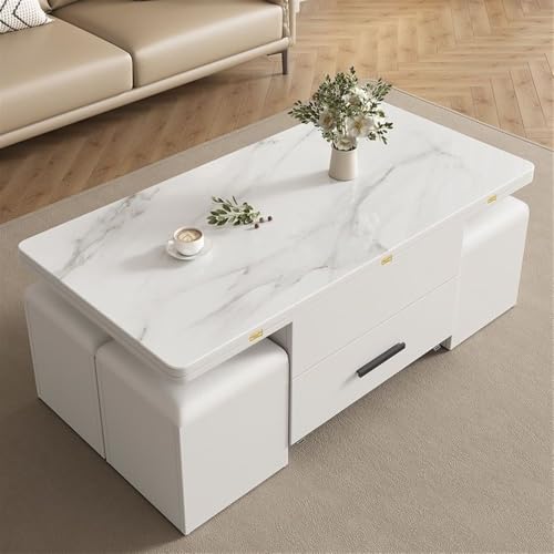 3 in 1 Expandable Wood Dining Table with 4 Storage Stools - Multi-Function Lift Top Coffee Table with Drawer for Living Room(White)