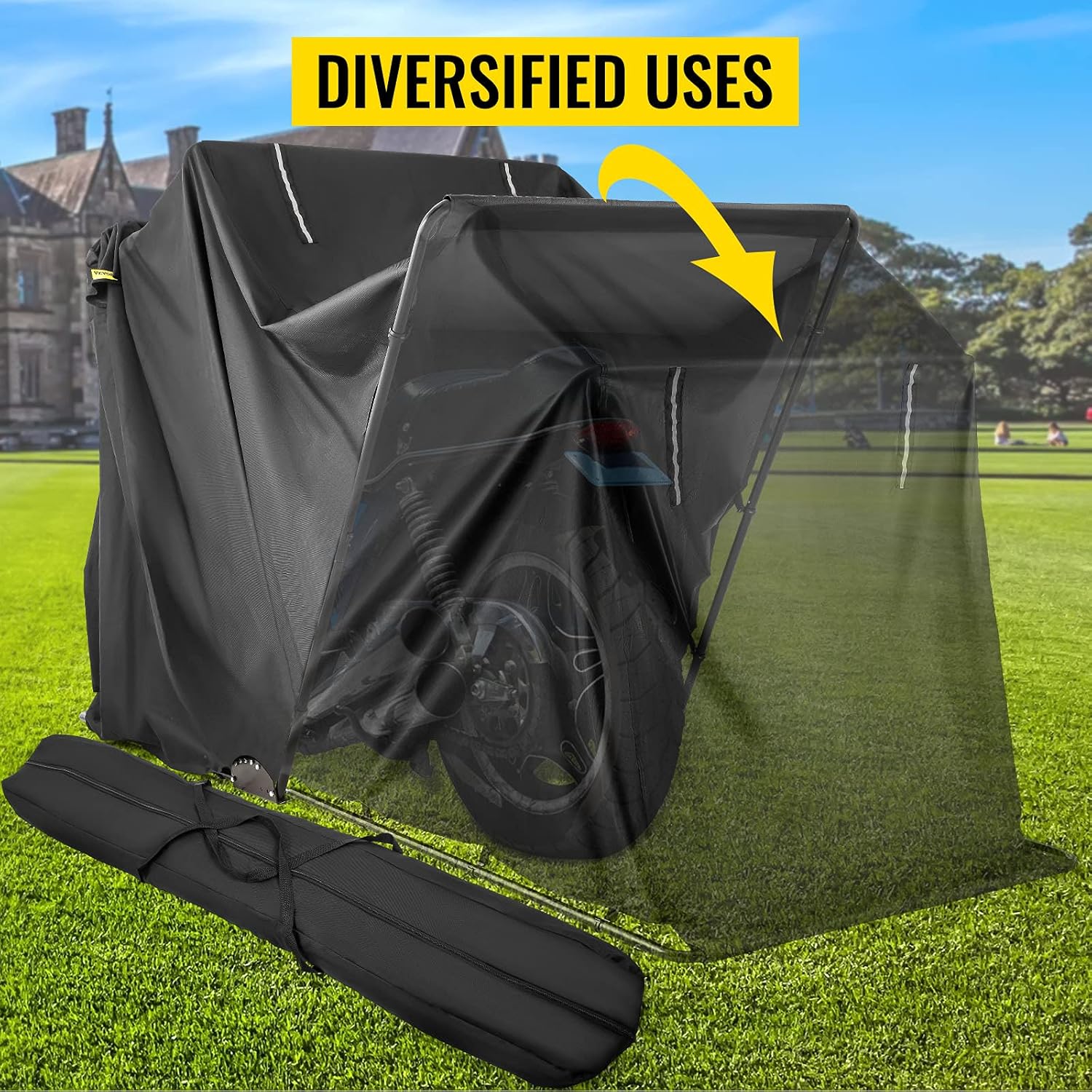 VEVOR Waterproof Motorcycle Cover,Motorcycle Shelter,Heavy Duty Motorcycle Shelter Shed, 600D Oxford Motorbike Shed Anti-UV, 106.3"x41.3"x61" Black Shelter Storage Garage Tent w/Lock & Weight Bag