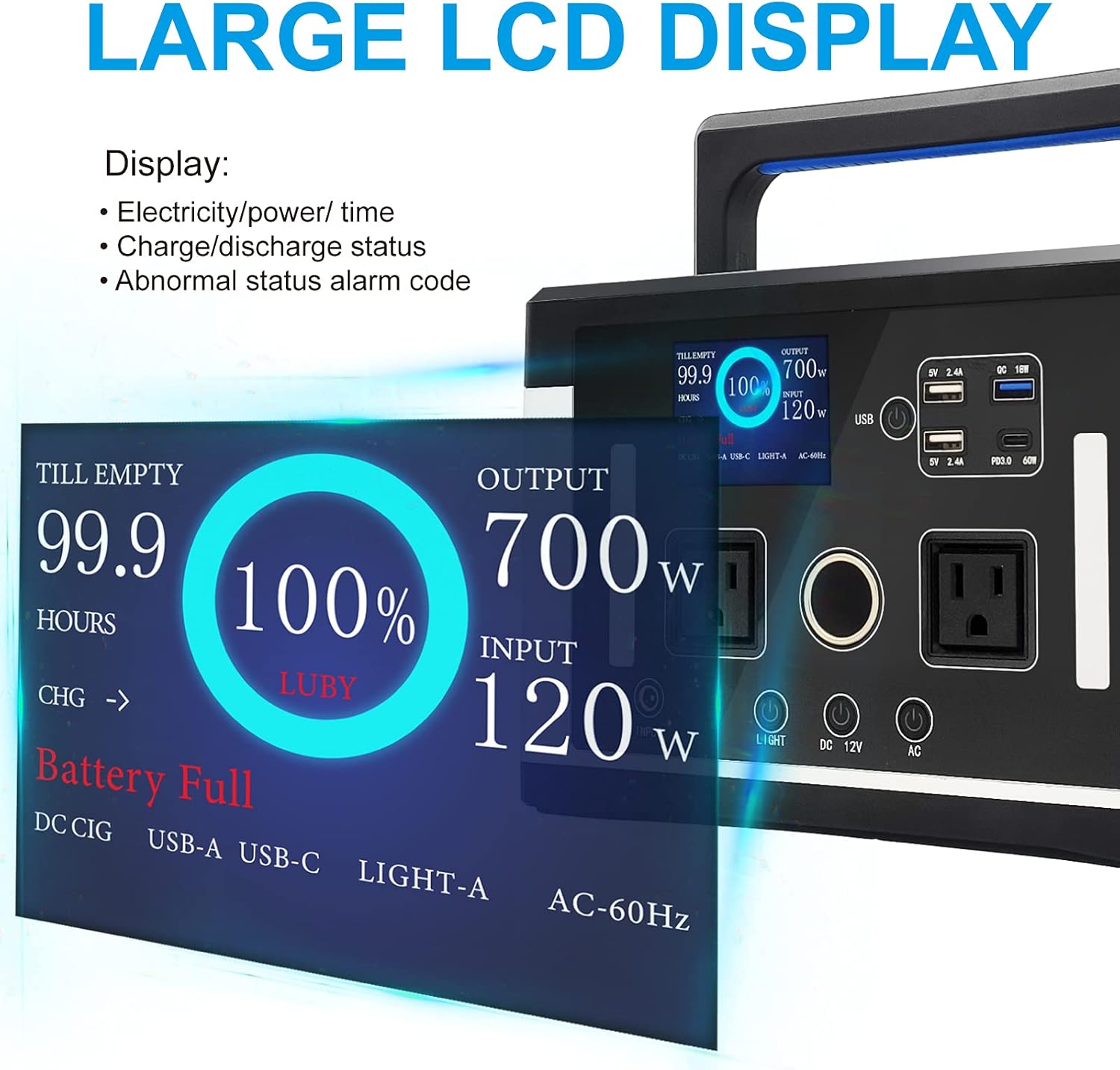 Luby 700W Portable Power Station, 577Wh 155900mAh Outdoor Solar Generator, Mobile Lithium Battery Pack with AC Outlet, PD 60W, LCD Display, LED Light, for Camping, Barbeque, Emergency, Black