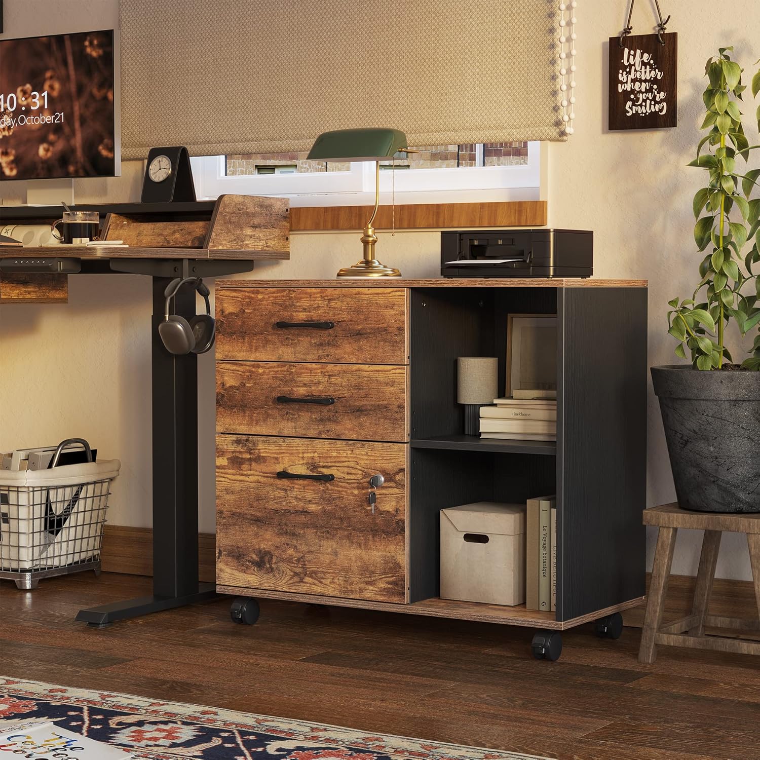 FEZIBO Triple Motor L-Shaped Electric Standing Desk with 3 Drawers, Stand up Desk, Height Adjustable Desk with 3 Drawer Lateral File Cabinet, 63 x 24 Inches Rustic Brown Top/Black Frame (2 Packages)