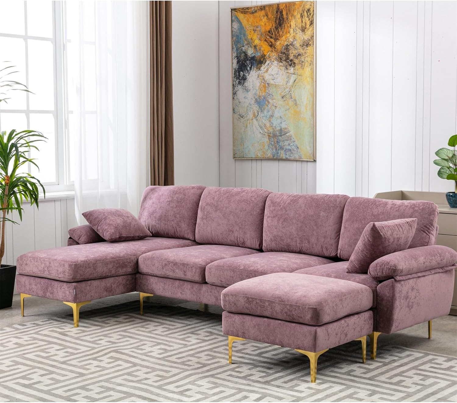 Living Room Accent Sectional Sofa Purple Modern Contemporary Solid U-Shape Polyester