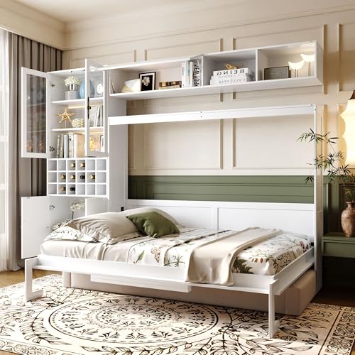 Merax Queen Size Murphy Bed Wall Bed with Sofa, Shelves, USB & Light - Space Saving Foldable Bed for Small Apartments, Grey
