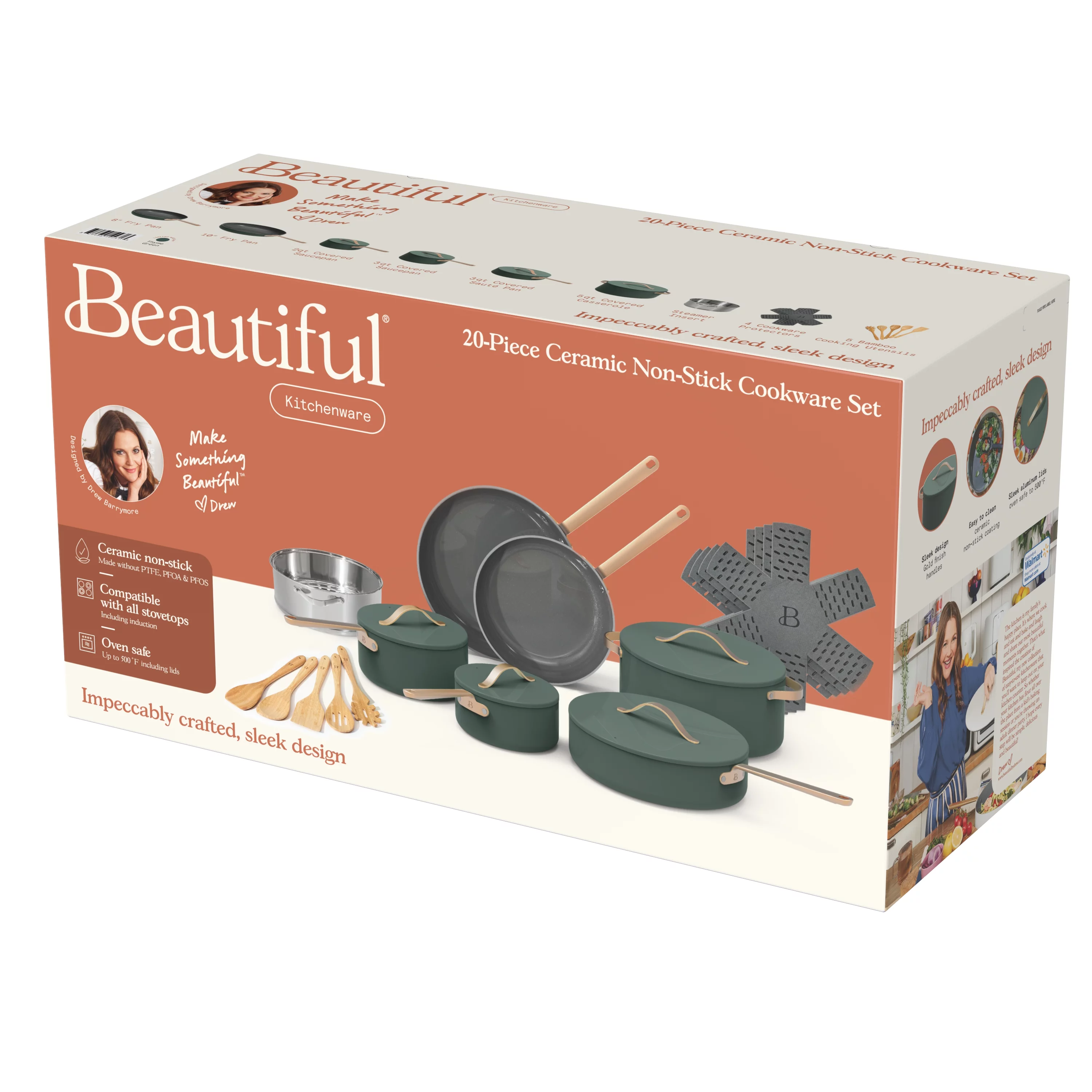 Beautiful 20pc Ceramic Non-Stick Cookware Set, Thyme Green by Drew Barrymore
