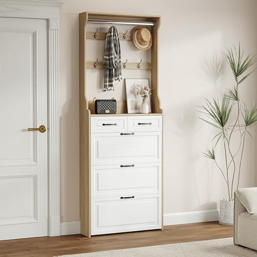 Betoko Hall Tree with Shoes Storage,Farmhouse Entryway Coat Rack Wooden Hallway Mudroom Tree Bench Corner Tree Cabinet with 5 Coat Hooks & 2 Shoes Cabinets and Open Shelf(Rustic White)