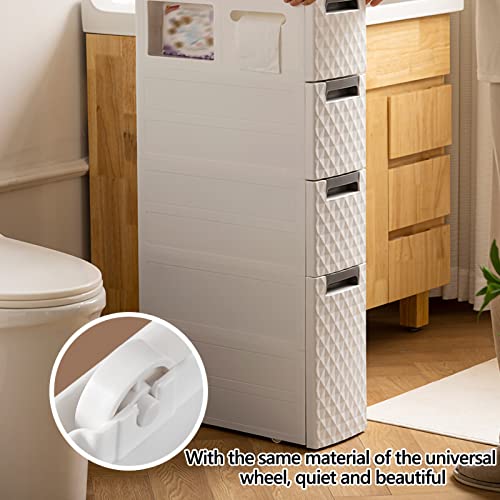 Small Bathroom Storage Cabinet with Moveable Drawers Slim Storage Tower with Wheels Drawer Cart Storage Tower Furniture Narrow Storage Drawer Cart Unit for Bedroom Hallway Closet Office Organization