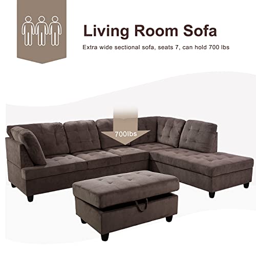 112''*84'' Sectional Couch, Corduroy Sectional Sofa Set, L Shaped Sofa Set for Living Room, Living Room furniture Set Apply to Home, (Sectional Sofa+Ottoman) Brown