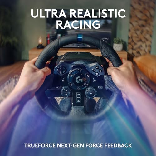 Logitech G923 Racing Wheel and Pedals, TRUEFORCE up to 1000 Hz Force Feedback, Gaming Steering Wheel PS5, PS4, PC, Mac, Genuine Leather- Black