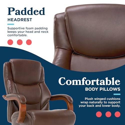 La-Z-Boy Delano Big & Tall Executive Office Chair, Ergonomic Mid-Back Body Pillow Lumbar Support, ComfortCore Memory Foam Cushion, Mahogany Wood Arms & Swivel Base, Bonded Leather, Chestnut Brown