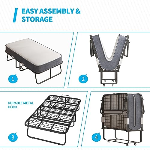 Mjkone Folding Bed with 5 Inch Memory Foam Mattress, Single Rollaway Bed for Guests, Space Saving Portable Bed with Lockable Wheels, Easy Assembly & Moving, 75 x 46 (Upgraded)