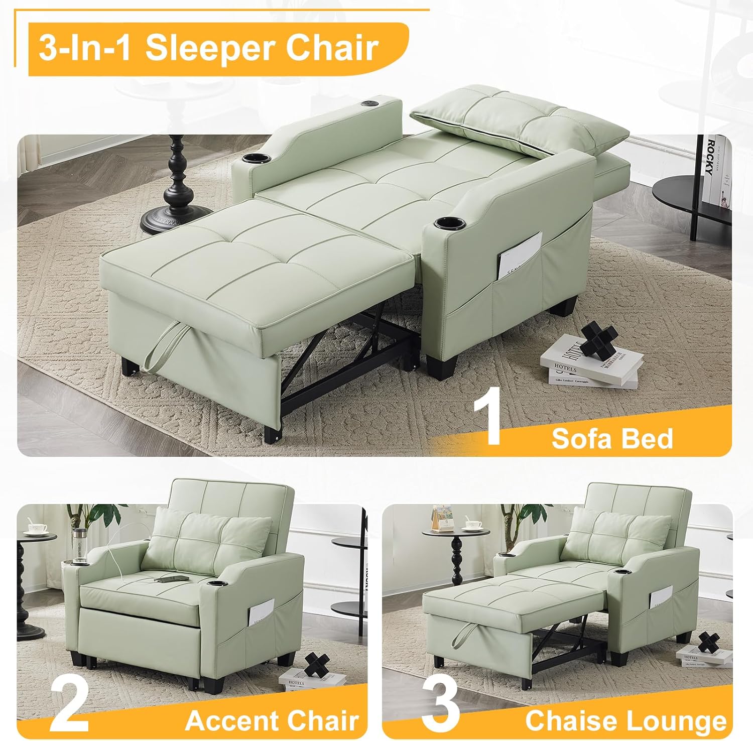 Karl home Sleeper Chair 3-in-1 Pull Out Sofa Bed Convertible Reading Chair with USB/Type C Ports Adjustable Sofa Bed with Cup Holders, PU Leather Mint Green