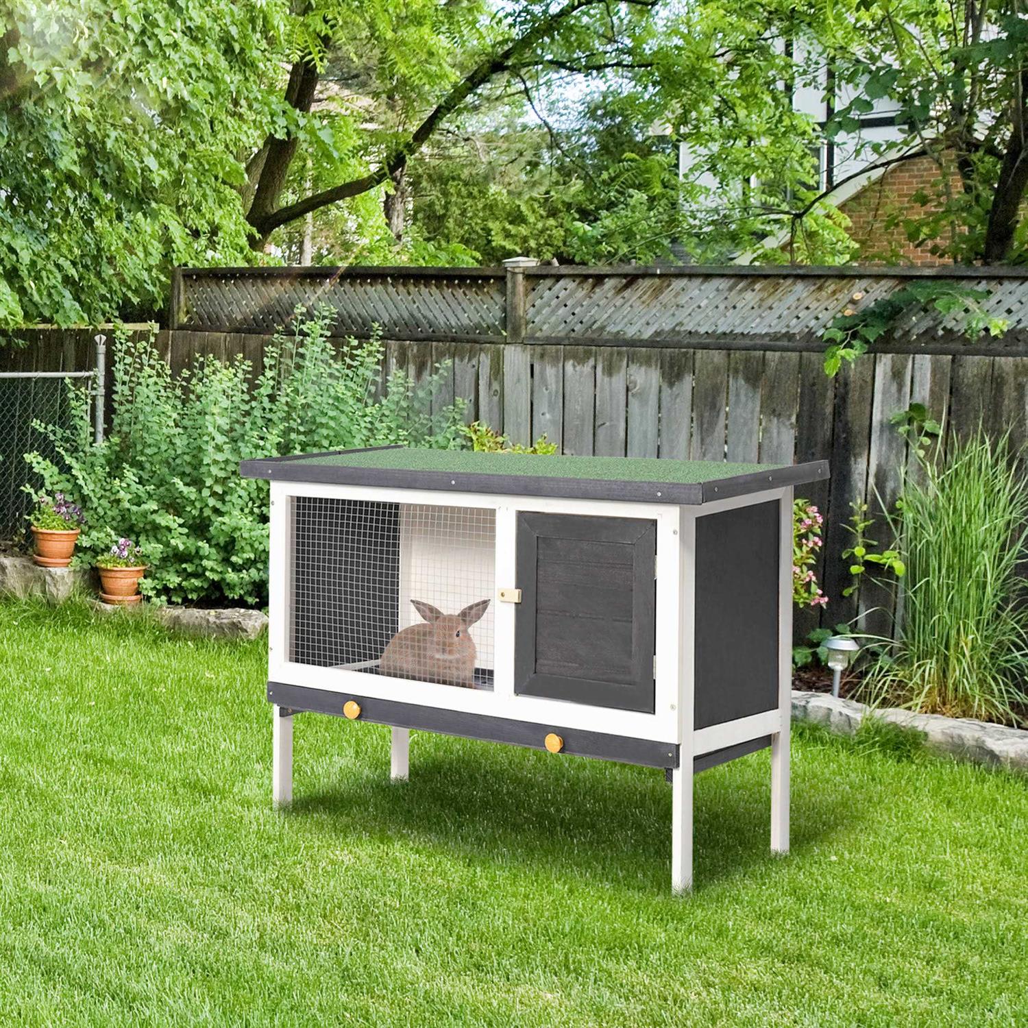 PawHut Wooden Rabbit Hutch, Bunny Cage, Guinea Pig House with Pull-Out Tray, and Openable Asphalt Roof for Indoor/Outdoor - Pet Supplies online store