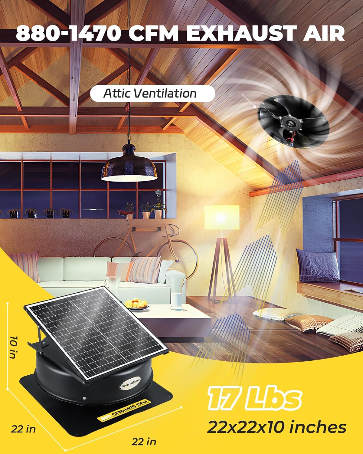 Hybrid Solar Attic Fan with Remote Control 40 Watt Solar Powered Attic Fan, 880-1470 CFM Roof Exhaust Fan, 5-leaf Aluminum Alloy Fan