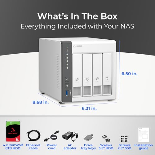 QNAP 4 Bay NAS with 12TB Storage Capacity, Preconfigured RAID 5 Seagate IronWolf Drives Bundle, 2.5GbE Ports (TS-433-4G-44ST-US)