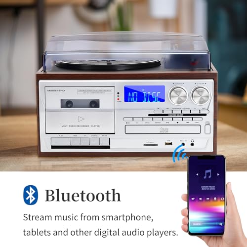 9 in 1 Record Player with External Speakers,3 Speed Bluetooth Turntable Vinyl Player with CD/Cassette Play,AM/FM Radio, USB SD/MMC Play, Aux-in/RCA Line Out