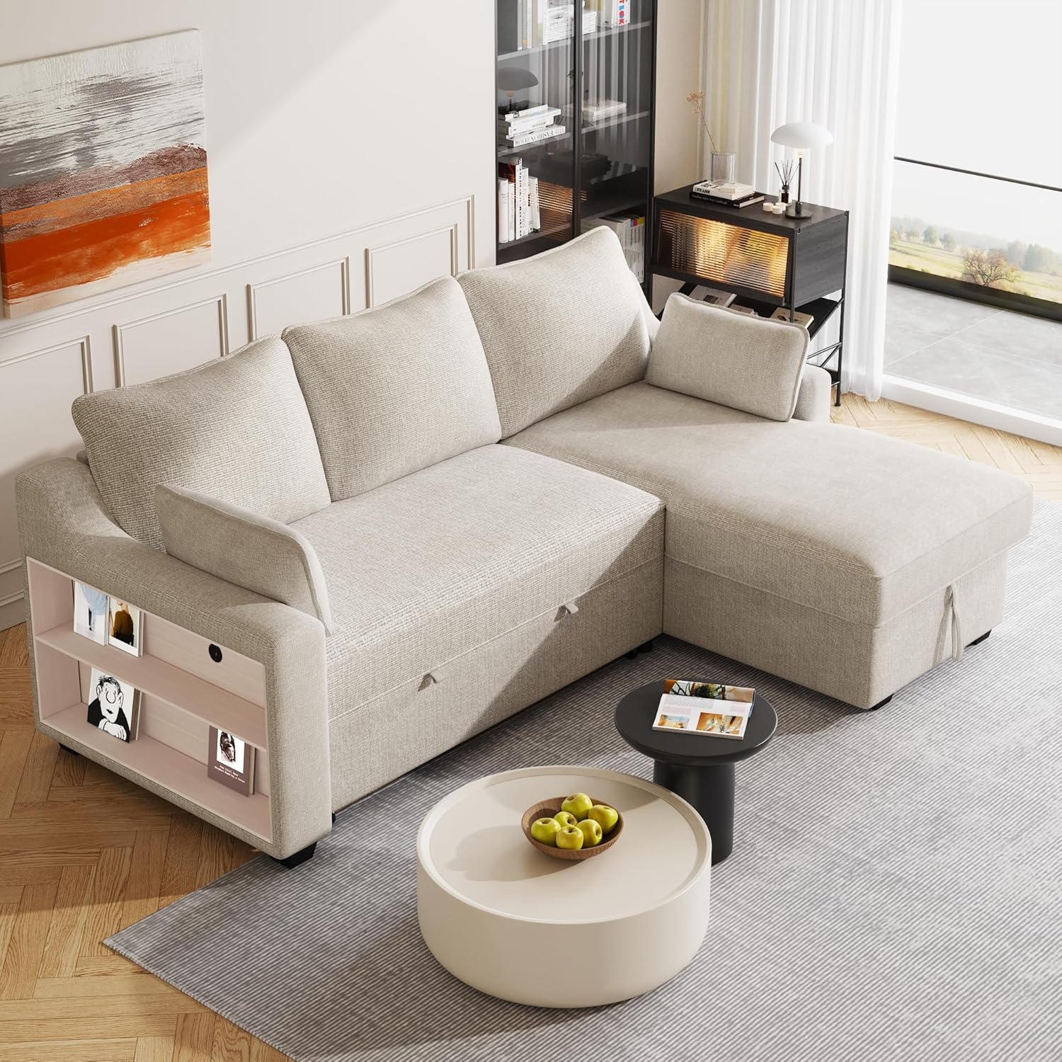 FANYE L-Shape Reversible Sleeper Sectional Couch Pull Out Sofa Bed w/Storage Chaise,Racks and USB Ports,Modern Linen Tufted Upholstered Convertible Sofabed with 2 Pillows for Living Room