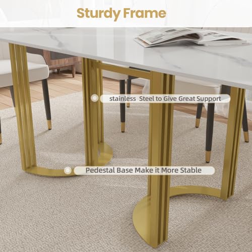 Modern Rectangle Marble Dining Table,63" White Marble Sintered Stone Top Dining Table with Gold Trestle Pedestal,Faux Marble Kitchen Dinner Table for Dining Room/Living Room/Office (Table Only)