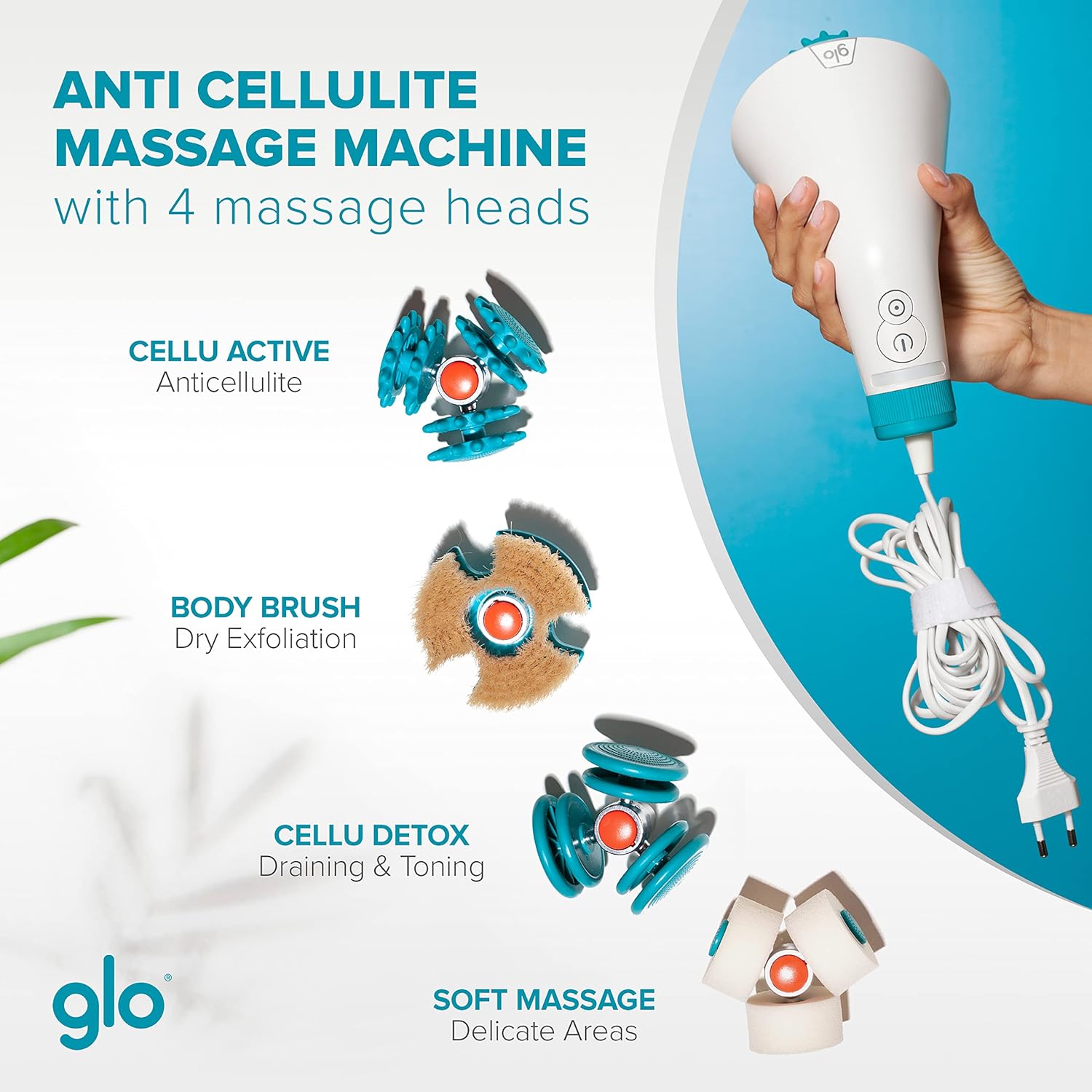 Glo910+ Anti Cellulite & Slimming Massage Machine with 4 Massage Heads with Phototherapy - Fat-burning, Drainage or Exfoliation, Clinically Tested Tool for Toning Legs, Butt, Thighs and Tired Muscles