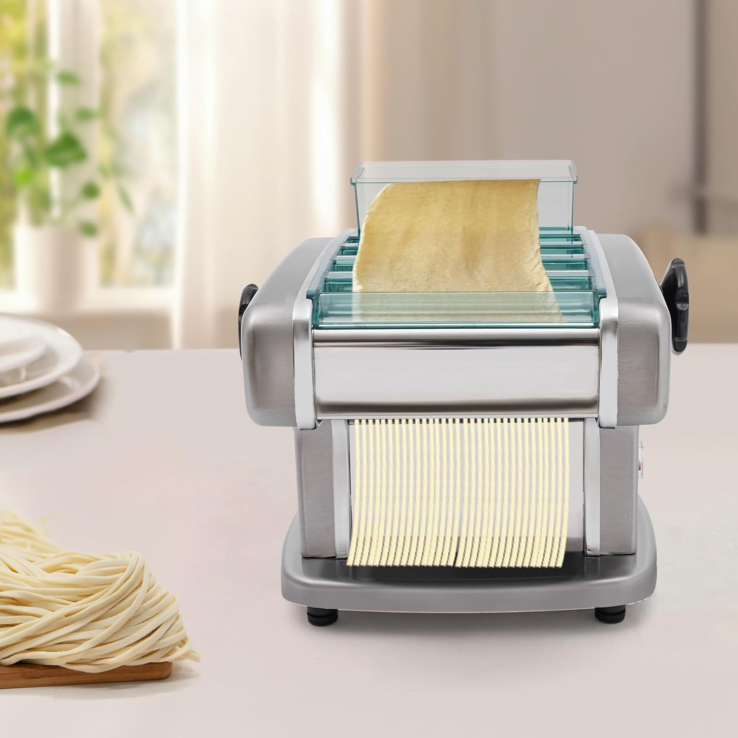 Electric Pasta Maker Machine, Automatic Noodle Machine with 9 Thickness Settings, Fresh Pasta Dough Sheet Roller Included 4 Stainless Steel Blades (2mm,2.5mm,4mm&9mm),135W
