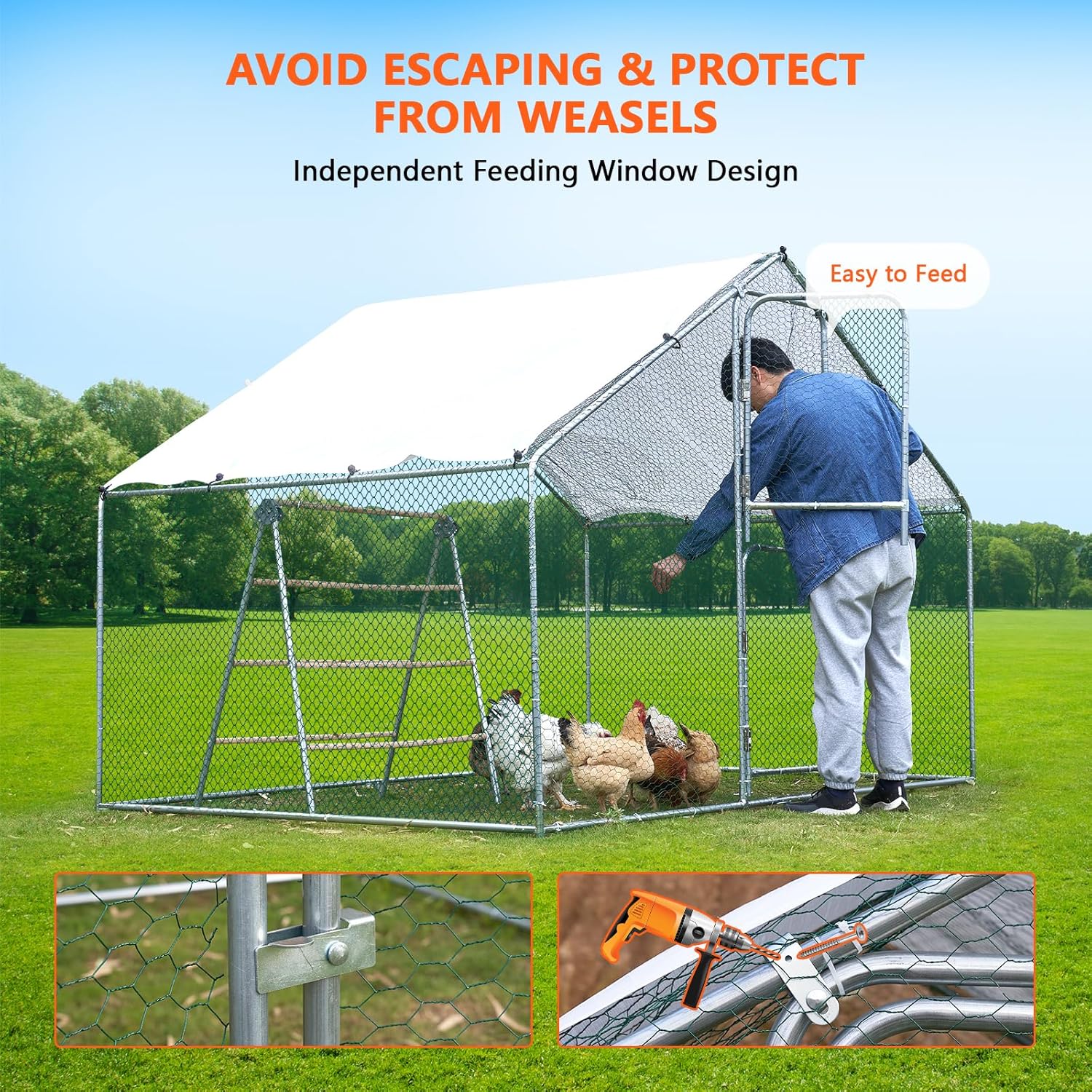 Large Metal Chicken Coop Chicken Run, Walk-in Poultry Cage Chicken Runs House, Chicken Pen with Water-Resident, Anti-UV Cover Support 15-20 Chickens, Ducks, Goose(9.8 * 6.6FT)