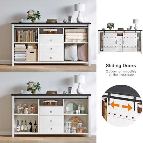 REAHOME 60" Buffet Cabinet with Storage, Farmhouse Sideboard Buffet Cabinet with Sliding Barn Doors & 3 Drawers, Wood Coffee Bar Cabinet Buffet Table for Kitchen, Dining Room, Rustic Brown