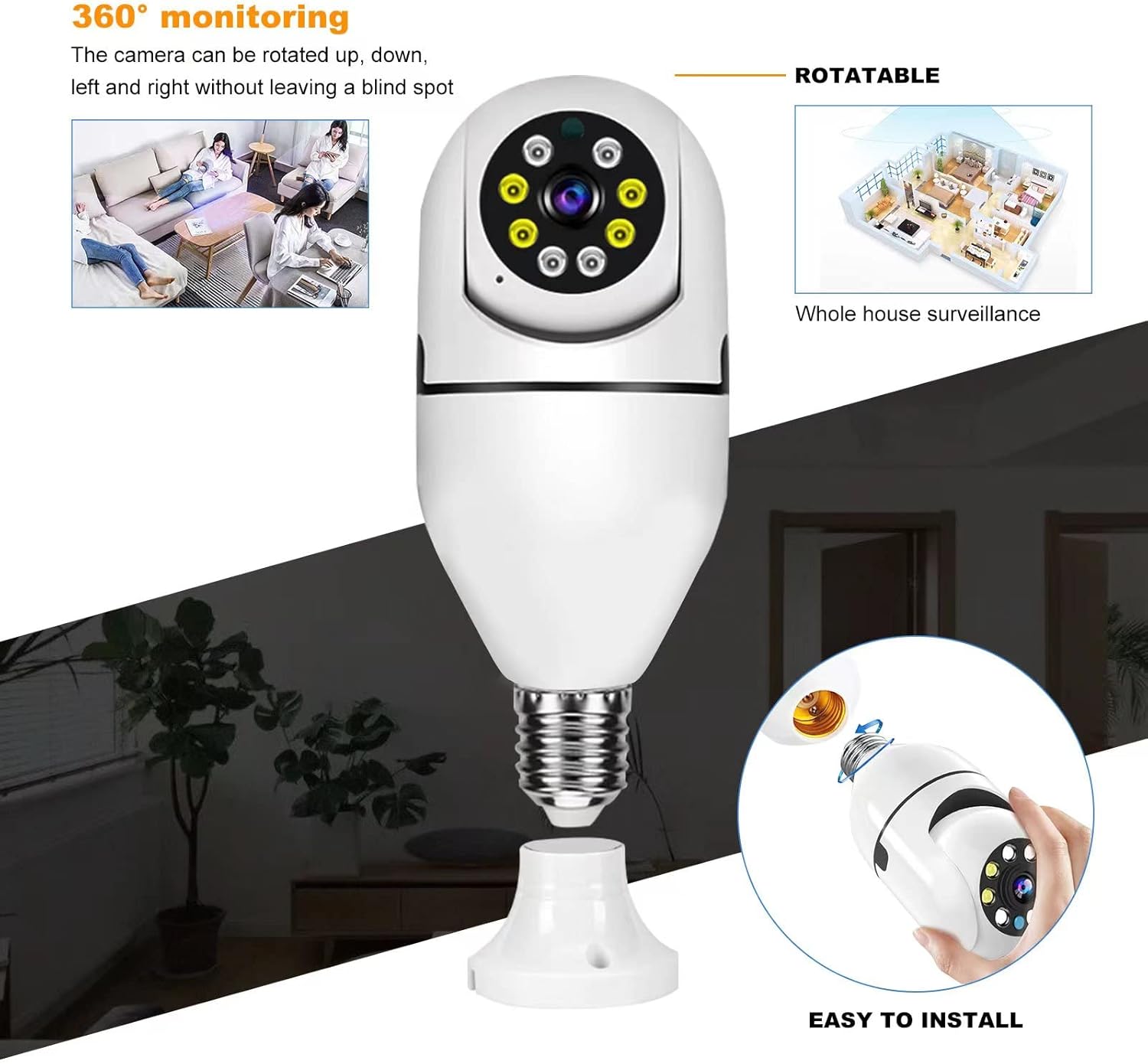Light Bulb Camera, 360 Degree Panoramic Wireless Security IP Camera, HD 1080P WiFi Camera, with Night Vision IR Motion Detection Night Vision Two-Way Communication, for Baby/Elder/Pet Pack of 2