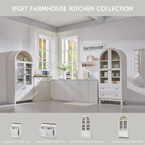 71" Tall Arched Kitchen Pantry, Modern Farmhouse Wood Kitchen Storage Cabinets with 2 Large Drawers and Adjustable Shelves, Versatile Cupboard for Kitchen, Dining Room, Bathroom, White